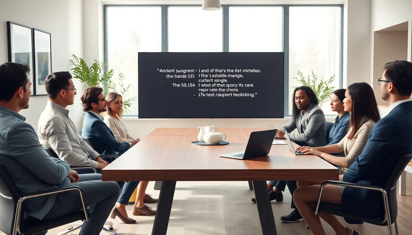 diverse professionals discussing Stoicism in a modern office.