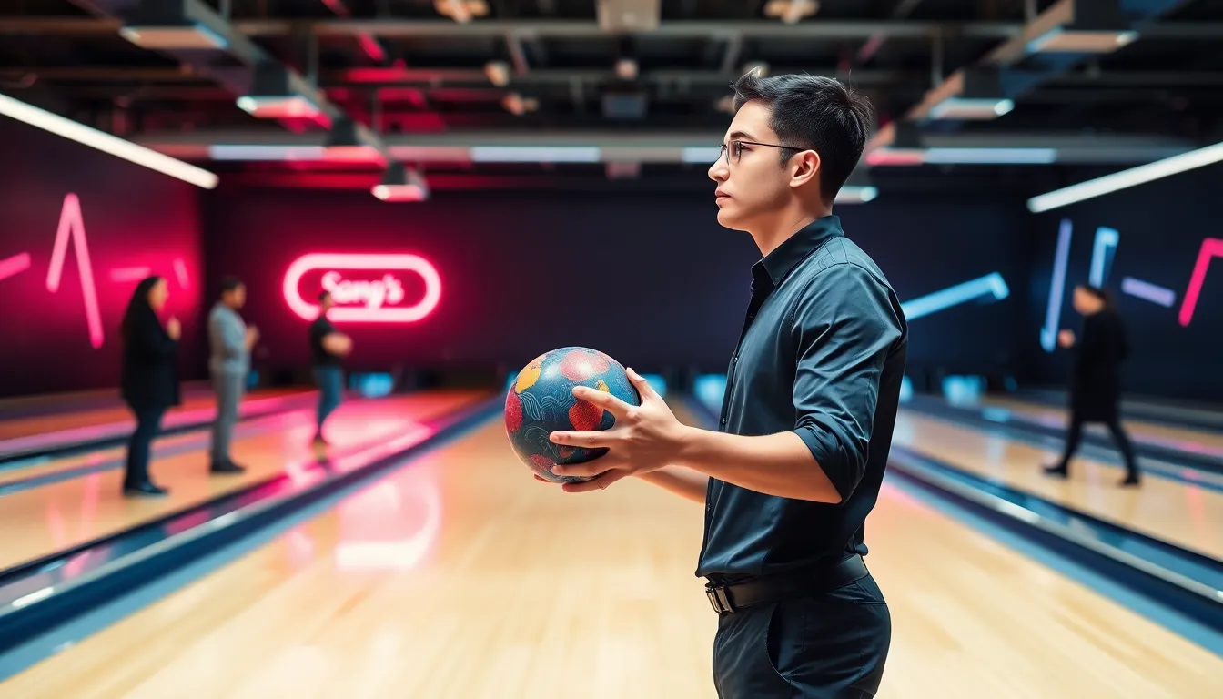 a confident bowler preparing to take a shot in a bright bowling alley.