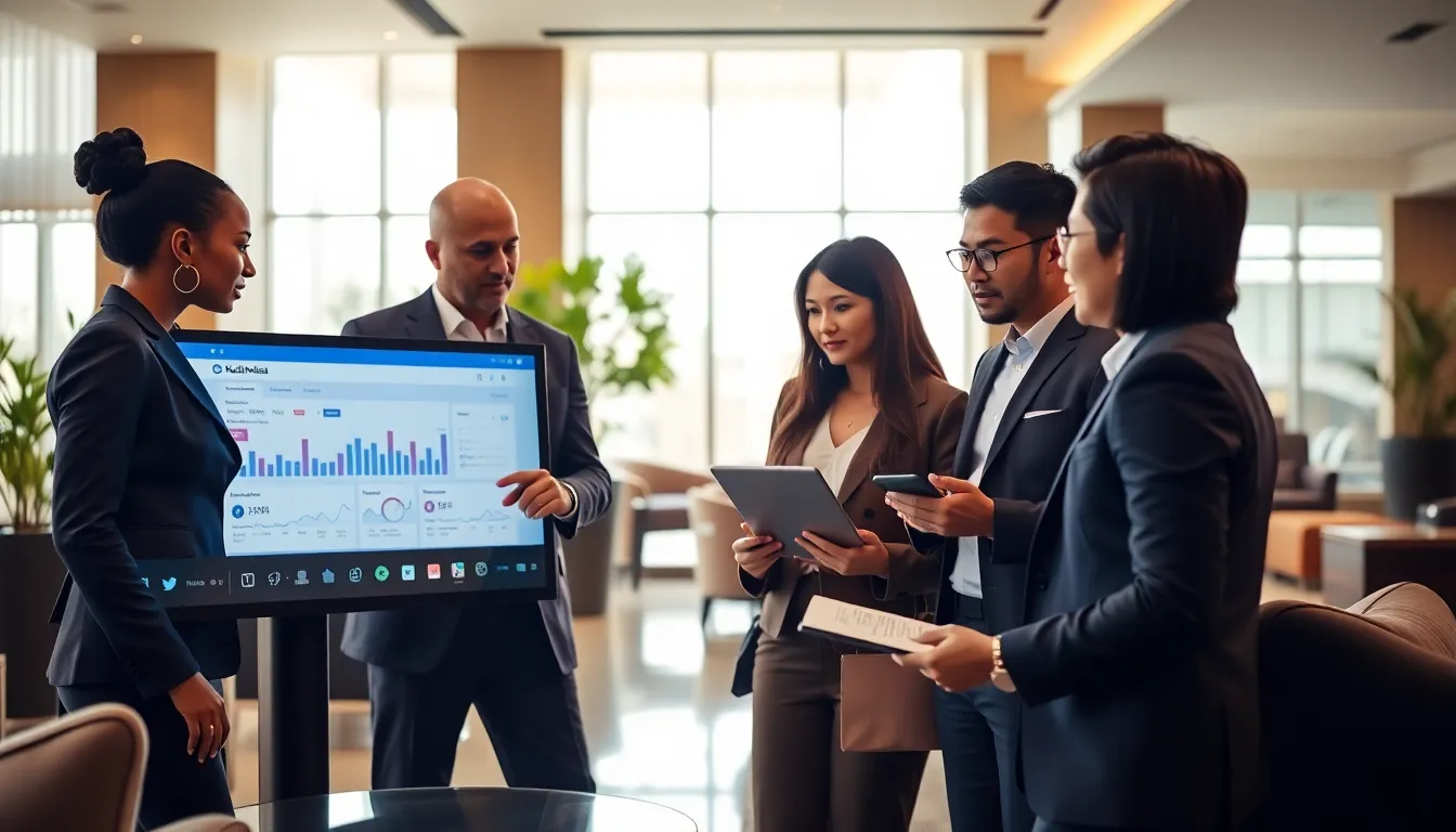 hotel team discussing social media marketing strategies in a modern lobby.