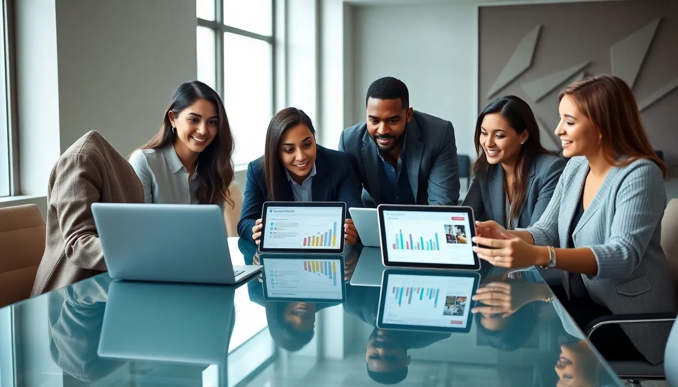 diverse professionals strategizing social media marketing in a modern office.